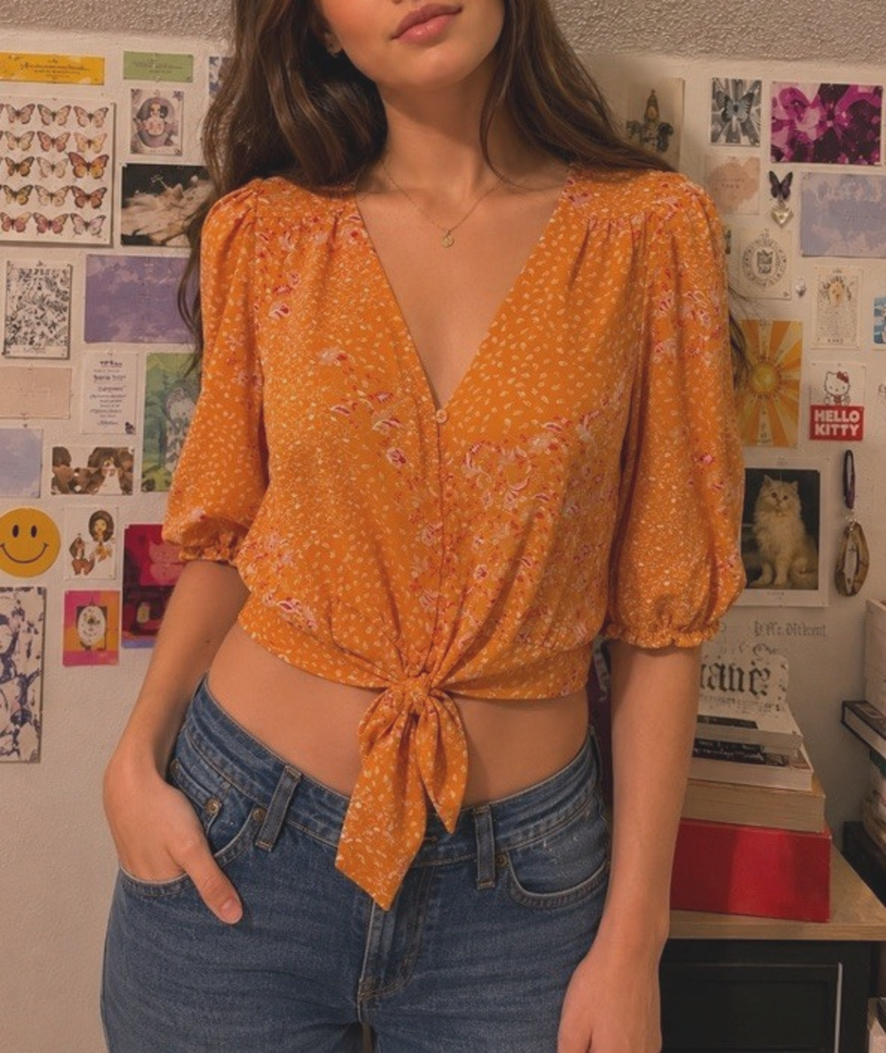 Joie Orange Floral Tie Front Top Blouse Boho Cottagecore Euro Summer M 6 8